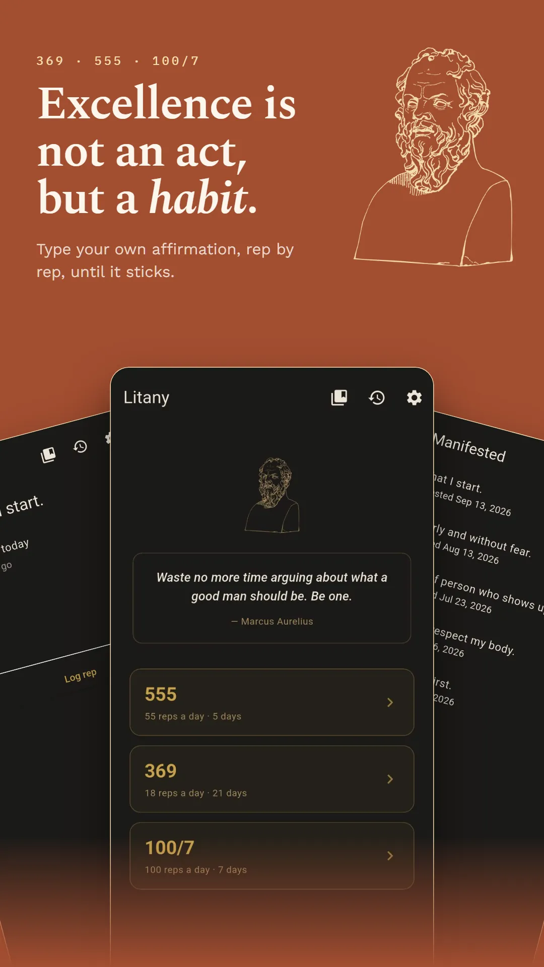 Litany home screen with the 555, 369 and 100/7 methods, under the line “Excellence is not an act, but a habit.”