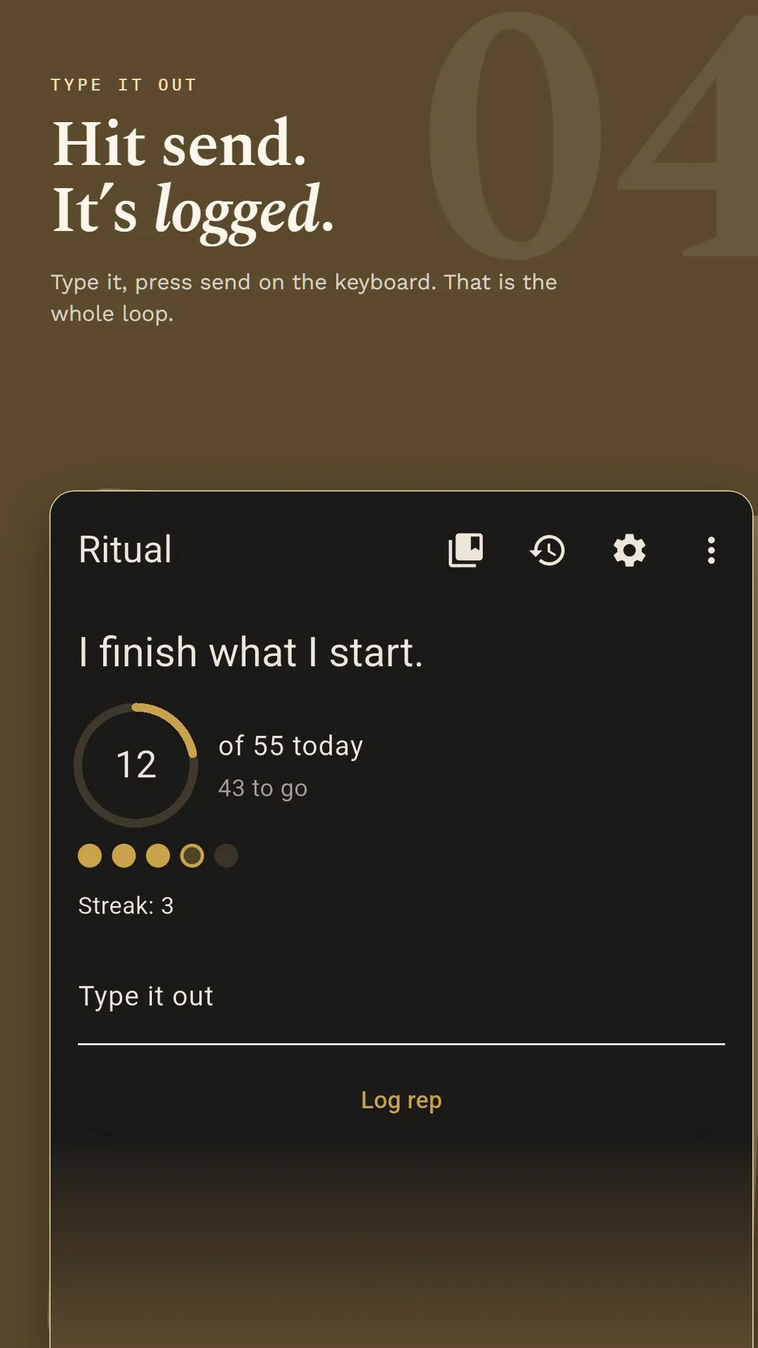 Typing the affirmation and pressing send to log a rep.