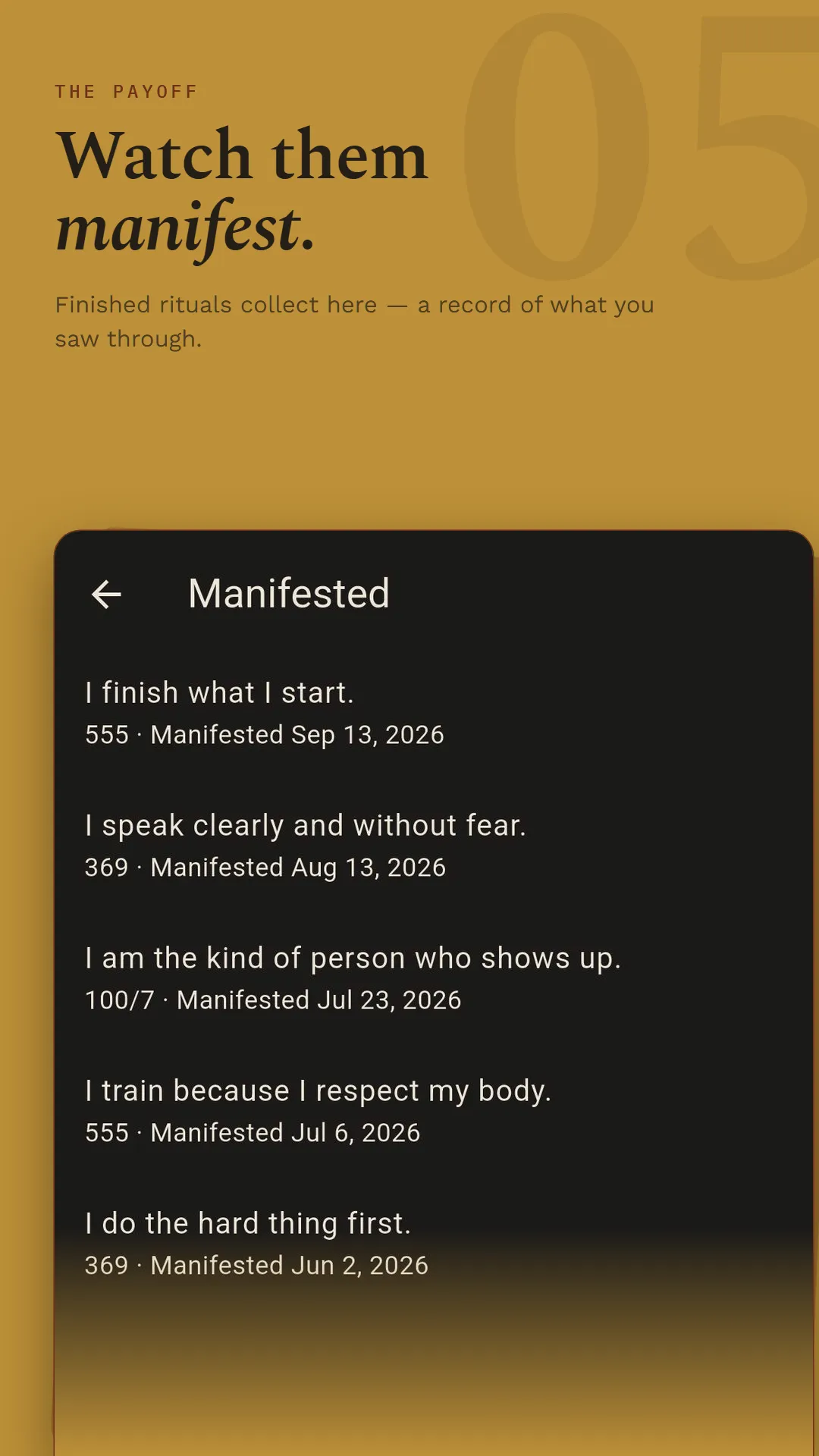 The Manifested list of finished rituals.